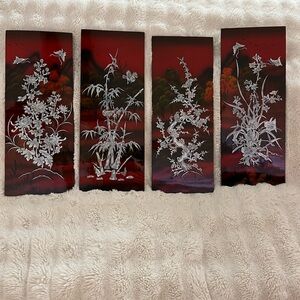 Set of 4 Lacquer Wall Panels with Mother Of Pearl Inlay Vintage Asian Art